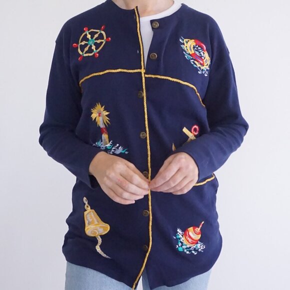 Vintage Chaus Sport Navy Embroidered Nautical Boating Sailing Button Cardigan S - Picture 2 of 13